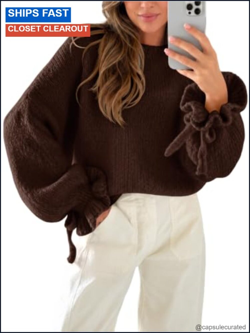 Womens Oversized Ruffle Sleeve Chunky Knit Sweater Pullover Crew Neck